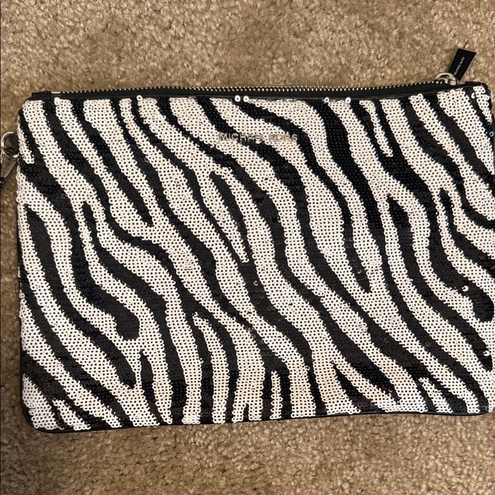 Michael Kors Black & White Sequin Zebra Wristlet Clutch